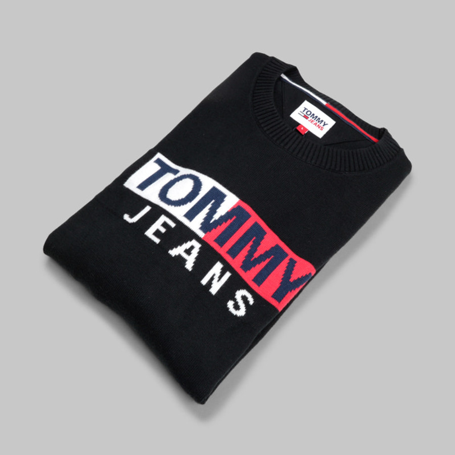 Tommy Hilfiger férfi kötött pulóver, fekete, feliratos, 100% organikus pamut - Image 4