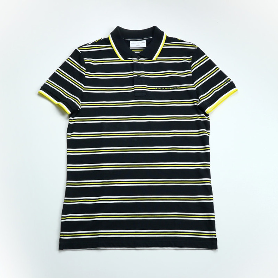 Calvin Klein férfi galléros póló, fekete-sárga csíkos, pamut, slim fit - Image 4