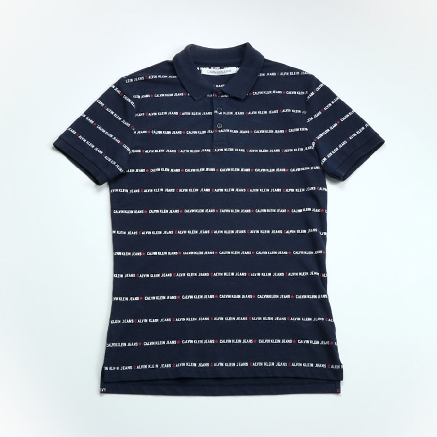 Calvin Klein férfi galléros póló, sötétkék, csíkos-feliratos, pamut - Image 3